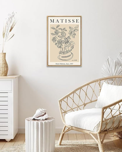 Zzuyi Henri Matisse Framed Wall Art,Flower Abstract Minimalist Black and Beige Vintage Canvas Painting,Boho Flower Art Prints-16''x24''Natural Framed