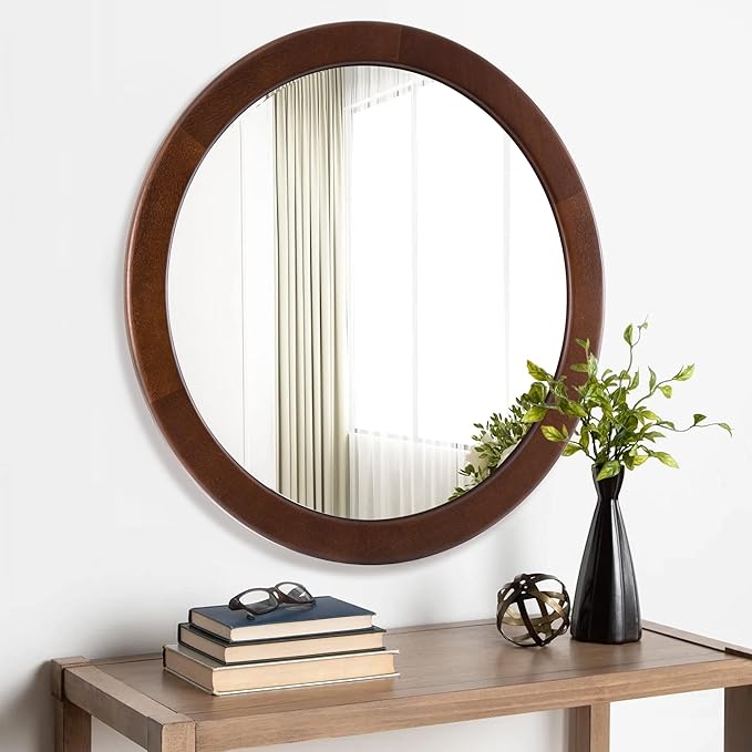 CULER Round Mirrors 30 Inch,Wood Vanity Wall Rustic Mirror with Walnut Frame, Wooden Mirror for Bathroom Bedroom Living Room Or Entryway(Walnut Brown)