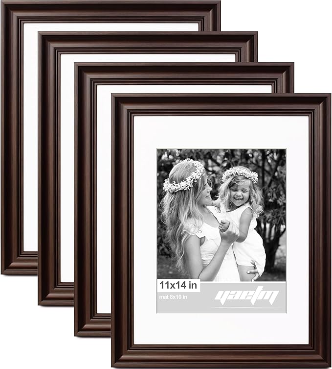 Yaetm 11x14 Picture Frame with Mat for 8x10 Set of 4, 1.4" Wide Molding & Dark Brown Photo Frames 11 x 14 with Tempered Glass for Wall Gallery, Home and Office, Wall Mount (4 pack, Brown)