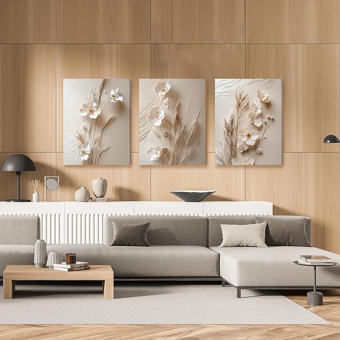 GELDSTEI Neutral Beige Floral Canvas Wall Art, Modern Minimalist Texture Botanical Wall Decor, Vintage Beige Flower Poster Prints for Living Room Bedroom Farmhouse Framed Set of 3, Each 16x24 Inch