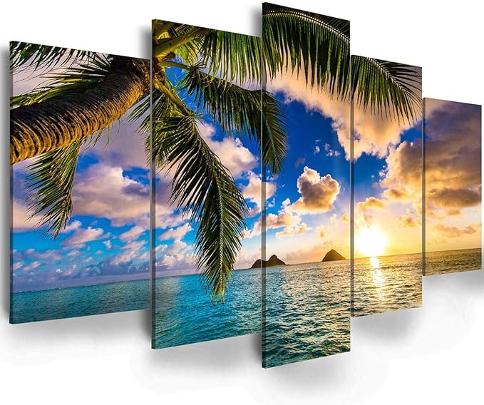 EPHANY Modern 5 Piece Framed Giclee Canvas Prints Art - Blue Beach Landscape Blue Paintings on Canvas Wall Art Wall Art Canvas Print Frame Picture Painting for Room Home Decorations
