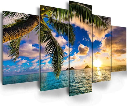 EPHANY Modern 5 Piece Framed Giclee Canvas Prints Art - Blue Beach Landscape Blue Paintings on Canvas Wall Art Wall Art Canvas Print Frame Picture Painting for Room Home Decorations