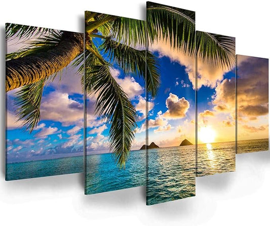 EPHANY Modern 5 Piece Framed Giclee Canvas Prints Art - Blue Beach Landscape Blue Paintings on Canvas Wall Art Wall Art Canvas Print Frame Picture Painting for Room Home Decorations