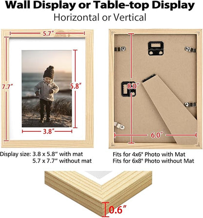 KINLINK 6x8 Picture Frame Wood Grain Set of 6, Wooden Photo Frame Matted 4x6 with Plexiglass for 4x6 with Mat or 6x8 without Mat for Table and Wall Display
