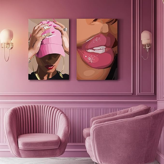 Hianan Fashion Black Girl Canvas Wall Art Modern Trendy African American Black Woman Poster Prints Pink Abstract Black Girl Aesthetic Pictures for Living Room Framed Ready to Hang 16"x24"x3