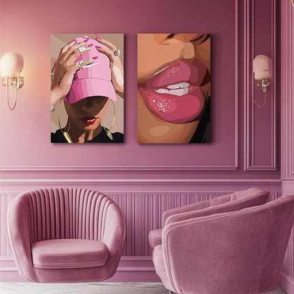 Hianan Fashion Black Girl Canvas Wall Art Modern Trendy African American Black Woman Poster Prints Pink Abstract Black Girl Aesthetic Pictures for Living Room Framed Ready to Hang 16"x24"x3