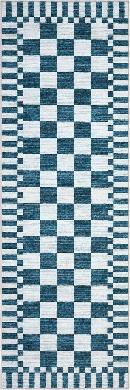 GarveeHome 2.5×8 Kitchen Runner Rug Non Slip,Blue and White Checkered Rug, Washable Runner Rug for Hallway Soft Low-Pile Geometric Modern Rugs for Entryway