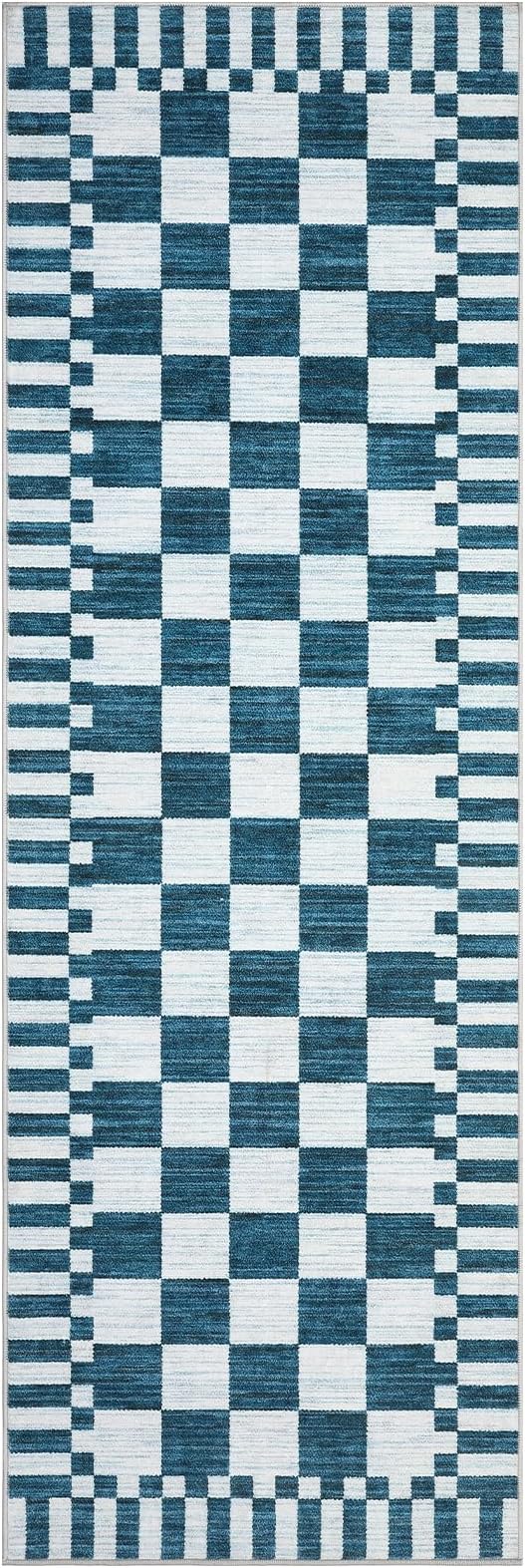 GarveeHome 2×6 Kitchen Runner Rug Non Slip,Blue and White Checkered Rug, Washable Runner Rug for Hallway Soft Low-Pile Geometric Modern Rugs for Entryway