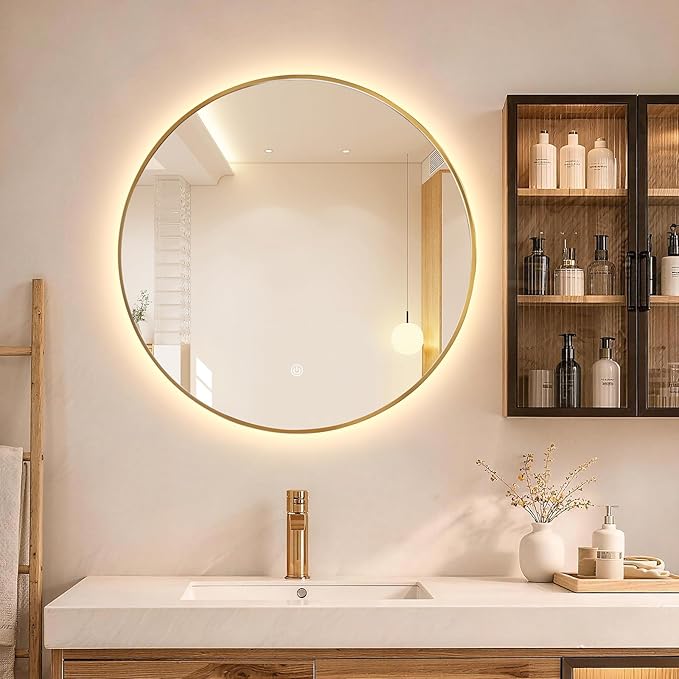 Niccy 28" LED Backlit Round Mirror for Bathroom, Gold Framed Vanity Light Wall Mirror, LED Smart Circle Mirrors with 3 Lighting Colors, Round Lighted Mirror with Anti-Fog, IP65 Waterproof