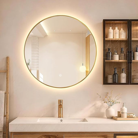 Niccy 28" LED Backlit Round Mirror for Bathroom, Gold Framed Vanity Light Wall Mirror, LED Smart Circle Mirrors with 3 Lighting Colors, Round Lighted Mirror with Anti-Fog, IP65 Waterproof