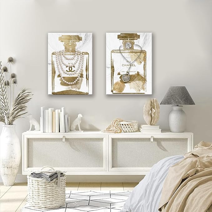 2 pieces Vintage Perfume Bottle Canvas Wall Art Modern Luxury Posters Print Fashion Glam Poster Picture for Bedroom Make up Room Home Decor 24"x36"