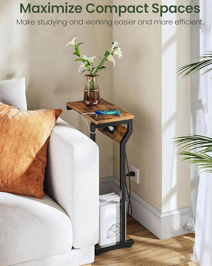 CHOEZON Narrow Side Table with Charging Station, 27" Skinny End Table for Small Spaces, Couch Table with Storage, Slim Tray Table with USB Ports, for Living Room, Bedroom, Rustic Brown TBZ27UBF