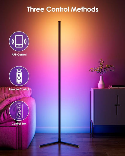 65" Smart RGB Floor Lamp with App/Remote Control, Color Changing LED Corner Lamp with Music Sync & Timer, Corner Lighting for Living Room, Bedroom, Gaming Room (Black)