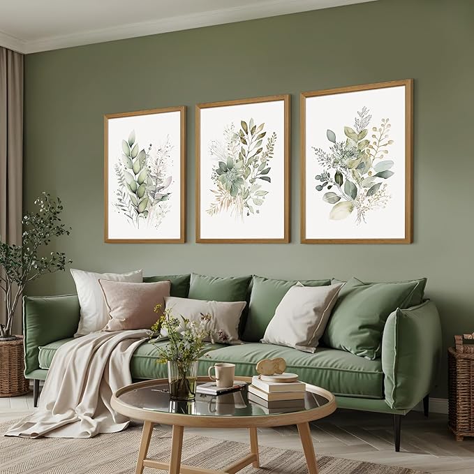 Joocrise Wooden Frame Watercolor Botanical Wall Art Boho Floral Canvas Wall Decor Prints Sage Green Wildflower Wall Art Modern Flower Pictures Botanical Painting for Bedroom Bathroom 16x24x3 Inch
