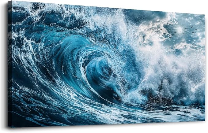 ERQINHUA Blue Wave Canvas Wall Paintings Wall Art For Living Room Wall Decor For Bedroom Ocean Inspiration Pictures Office Mural Posters Modern Home Decor Aesthetics Artwork Ready To Hang 20"X40"