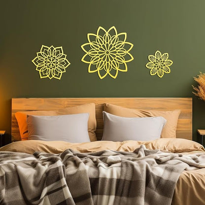 3 Pieces Metal Flowers Wall Decor, Black Wall Decoration Metal, Flower Art Wall Decor Farmhouse Wall Decorations Multiple Flowers Hanging Decor for Bathroom Living Room Home Kitchen Garden Office (Gold Elegant)