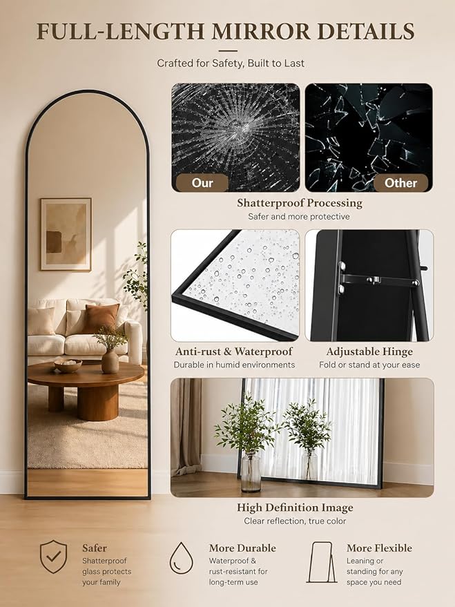 Full Length Mirror, 71"x28" Arched Floor Mirror Freestanding, Floor Standing Full Body Mirror with Stand for Bedroom, Hanging Mounted for Living Room Cloakroom, Black