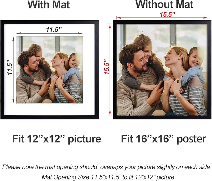 Yaetm 16x16 Picture Frame Black Set of 3, Square 16x16 Frame Displays 12x12 with Mat or 16 x 16 without Mat, Gallery Wall Frames for Wall Mounting (3 Pack, Black)