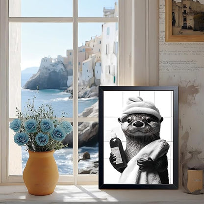 ARKZSHO Black and White Bathroom Wall Art, Funny Otter Is Getting Ready Bath Canvas Print Picture, Modern Farmhouse Wall Decor Painting, Cute Animal Bathroom Restroom Home Decoration 12x16 Inch Wood Framed