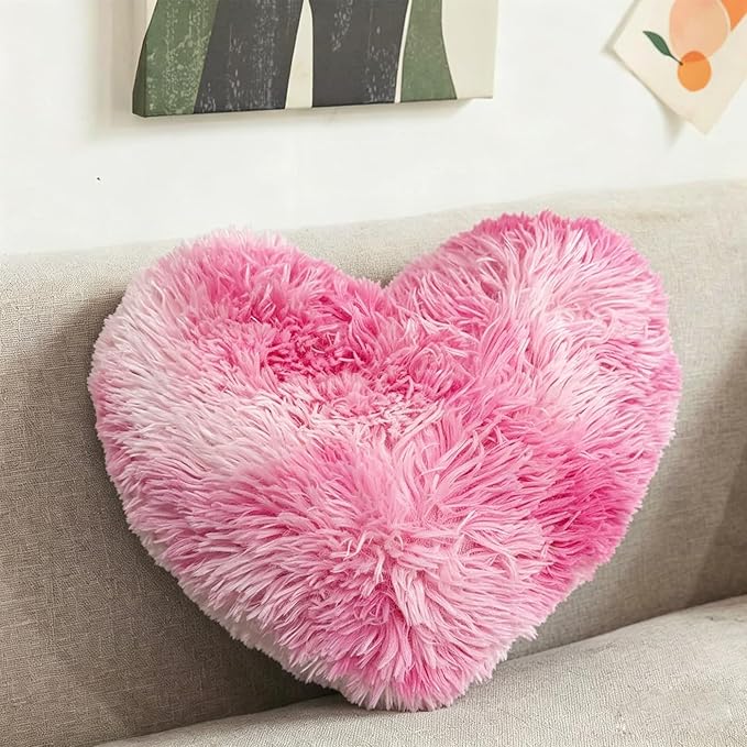 MorroMorn Fluffy Heart Throw Pillows, Shaggy Decorative Pillow for Sofa Couch Bed, Cute Room Decor Decorations for Women Girls Kids (Tie-dye Pink)