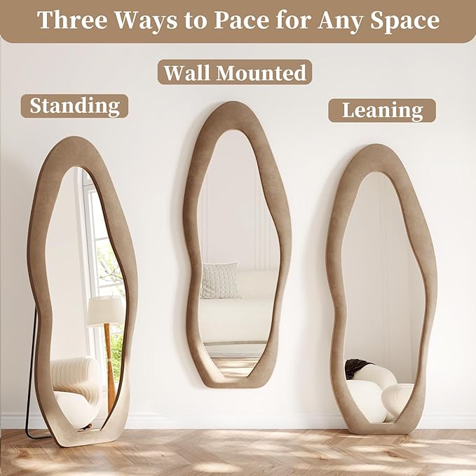 Irregular Full Length Mirror, 63"x24" Flannel Full Body Mirrors, Velvet Floor Mirrors with Stand, Irregular Wavy Mirror Hanging or Leaning Against Wall for Bedroom Living Room, Brown