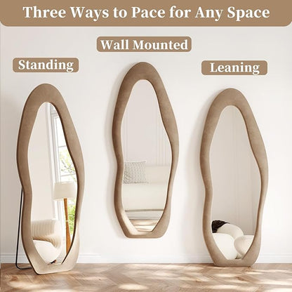 Irregular Full Length Mirror, 63"x24" Flannel Full Body Mirrors, Velvet Floor Mirrors with Stand, Irregular Wavy Mirror Hanging or Leaning Against Wall for Bedroom Living Room, Brown