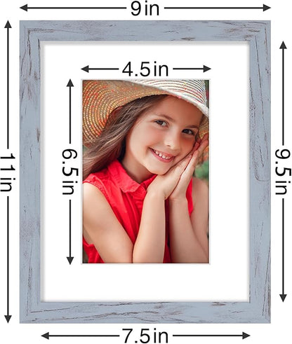 Vittanly 8x10 Picture Frames Set of 9, Shatter Resistant Plexiglass, Display 5x7 Pictures with Mat or 8x10 without Mat, Photo Frames for Wall or Tabletop, Engineered Wood, Vintage Blue-Gray