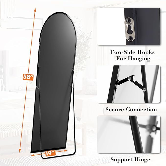 Sweetcrispy 58"x19" Arched Full Length Mirror, Full Body Mirror with Aluminum Alloy Thin Frame, Leaning or Standing, Suitable for Bedroom, Livingroom, Cloakroom, Black