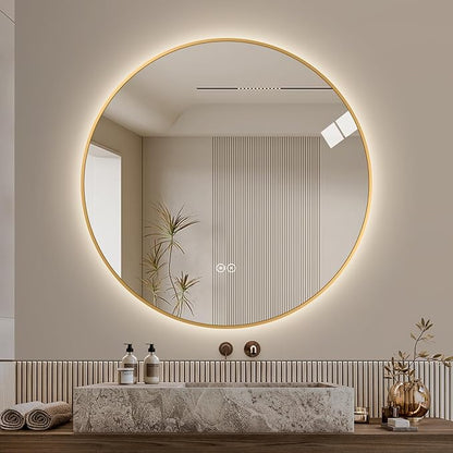LAIYA 24 Inch Round LED Bathroom Mirror with Lights, Gold Aluminum Frame, Anti-Fog Dimmable Backlit Vanity Mirror, 3 Color Temperature, Memory Function, Wall Mounted Lighted Bathroom Mirror