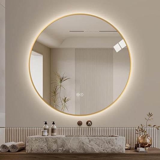 LAIYA 24 Inch Round LED Bathroom Mirror with Lights, Gold Aluminum Frame, Anti-Fog Dimmable Backlit Vanity Mirror, 3 Color Temperature, Memory Function, Wall Mounted Lighted Bathroom Mirror