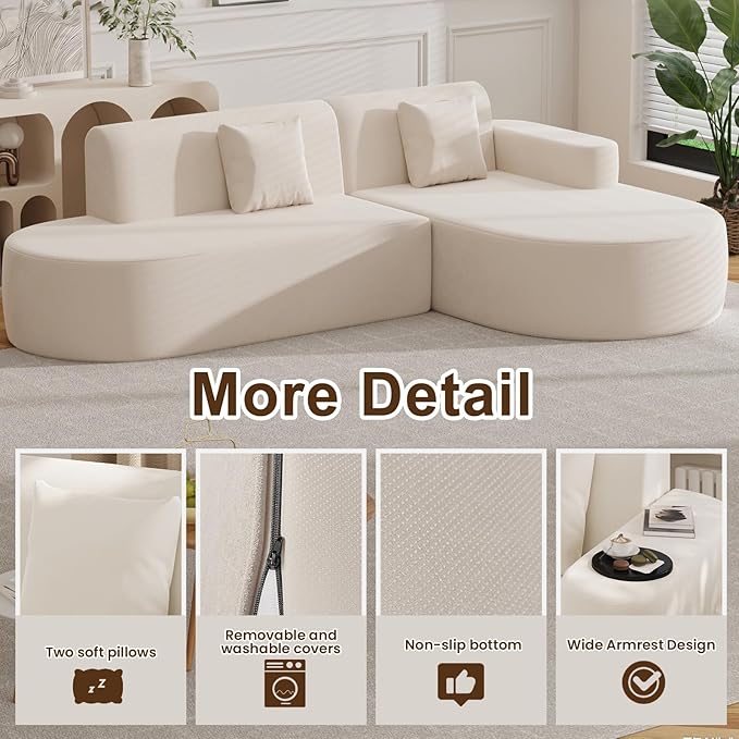 MELLCOM Modern 93" Curved Boneless Sofa Couch, L-Shaped Corner Sofa, No Assembly Needed, Chenille Upholstered Cloud Sectional Couch for Living Room,Apartment and Bedroom (Beige, Right Hand Facing)