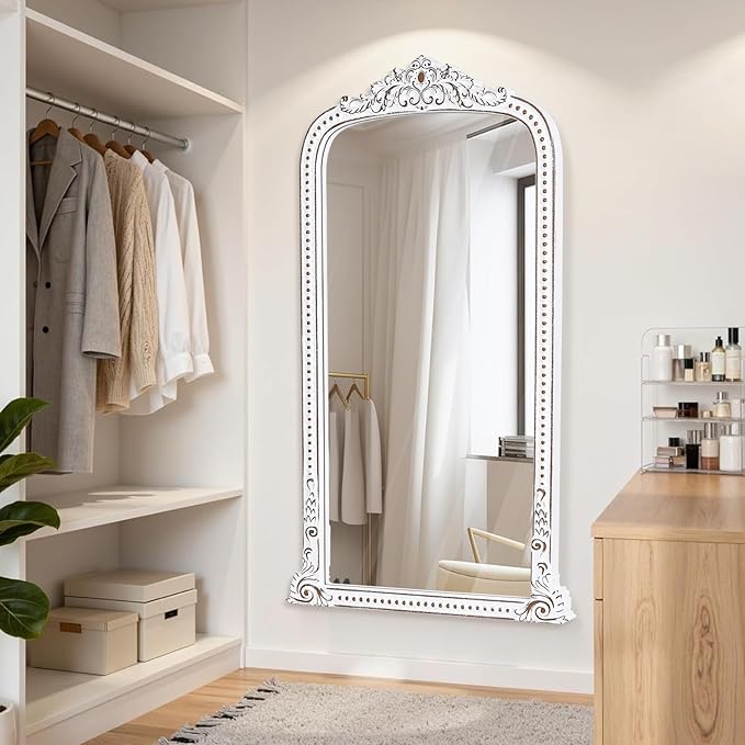 HOITUZYUS French Vintage Statement Full Length Mirror: 47x27 Inch Baroque Arched Floor Mirror - Wooden Ornate Long Body Mirrors Home Decor for Wall, Dressing Room, Bedroom, Cloakroom, Entryway