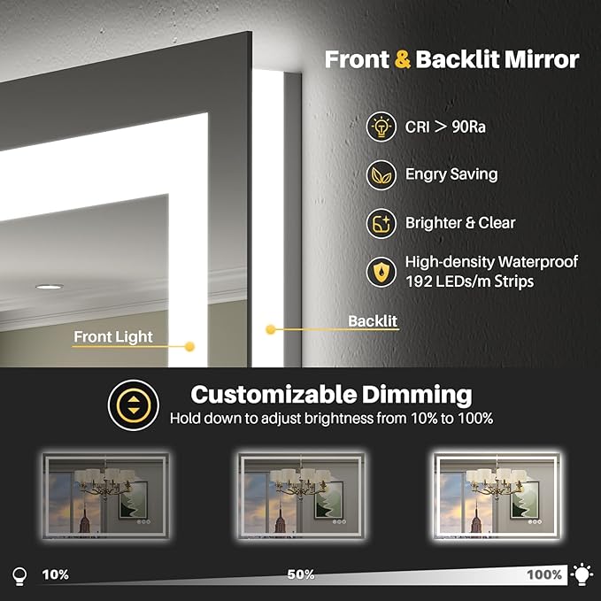 Briivue 36x32 Inch LED Bathroom Mirror with Lights, Backlit & Front Lit, Anti-Fog Lighted Bathroom Vanity Mirror for Wall, Memory Function, Dimmable, HD Tempered Glass, Shatter-Proof