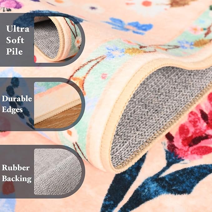 Macgace 3x5 Floral Rug for Girls Bedroom, Machine Washable Area Rugs with Non Slip Backingfor Living Room, Cute Flowers Carpet Kitchen Dining Room Kids Playroom Decor, Peach White