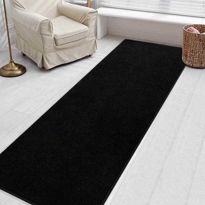 Gifeas Ultra Soft Modern Runner Rug for Hallway Bedroom, 2x6 Feet Black Thickened Memory Foam Indoor Solid Minimalist Carpets, Non-Slip Comfy Area Rug for Boys Girls Living Room Nursery Home Decor