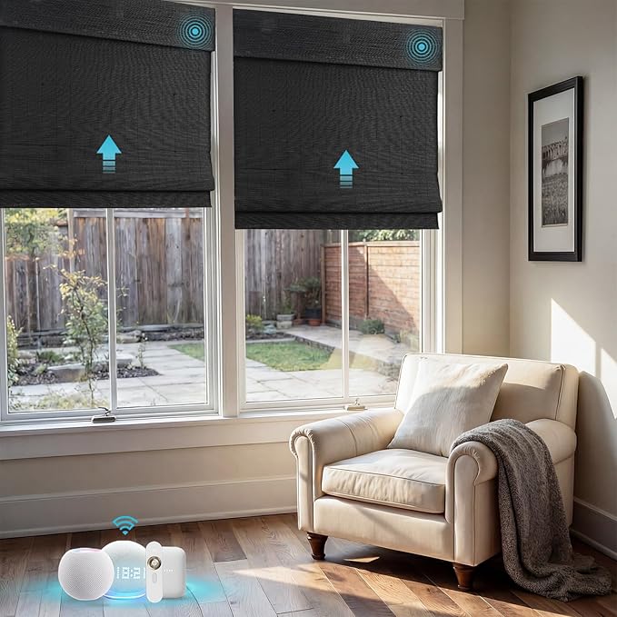 Motorized Bamboo Roman Shades, Motorized Blinds with Remote Compatible with Homekit, Alexa GoogleHome, Smart Wood Woven Shades for Indoor Windows, Customize, Carbon Shade