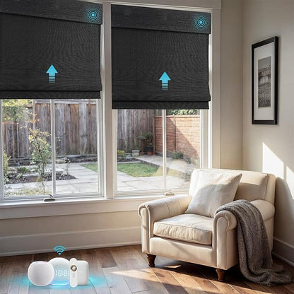 Motorized Bamboo Roman Shades, Motorized Blinds with Remote Compatible with Homekit, Alexa GoogleHome, Smart Wood Woven Shades for Indoor Windows, Customize, Carbon Shade