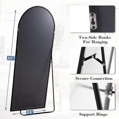 DUMOS Arched Full Length Floor Mirror, 65"x24" Full Body Standing Mirror with Aluminum Frame and Shatter Proorf Nano Glass, Modern Wall Hanging Leaning for Living Room, Home Decor, Black