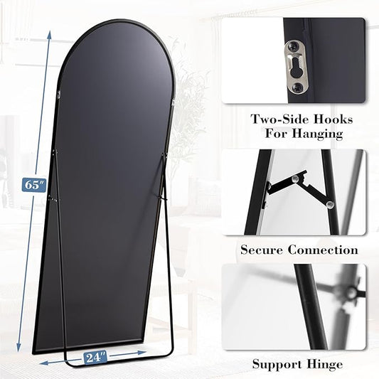 NEWBULIG Arched Mirror Full Length, 65"x24" Body Wall Mirrors with Shatter-Proof Glass, Upgraded Floor Standing Mirror, Hanging or Leaning, with Stand Aluminum Alloy Frame for Home Decor, Black