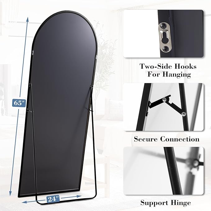 DUMOS 65"x24" Arched Full Length Mirror with Stand, Floor Standing Aluminum Frame, Shatter-Proof Nano Glass for Bedroom, Living Room, Cloakroom – Modern Simple Home Decor,Hanging or Leaning,Black