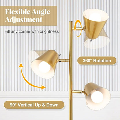 Tangkula 3-Light Floor Lamp, 64" Mid Century Modern 3 Light Tree, Standing Tall Pole Lamp with 3 A19 LED Bulbs and Adjustable Heads, 3 E26 Base, Reading Light for Living Room & Bedroom (Golden)