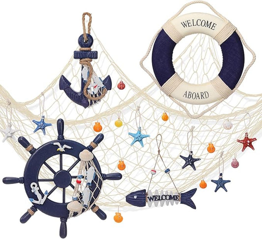 Marsui 11 Pcs Wooden Nautical Wall Decor Fishing Net Decoration, Include Decorative Fishing Net, Ship wheel, Fish Skeleton, Life Ring, Anchor, Starfish Beach Decor for Mediterranean Party (Khaki)