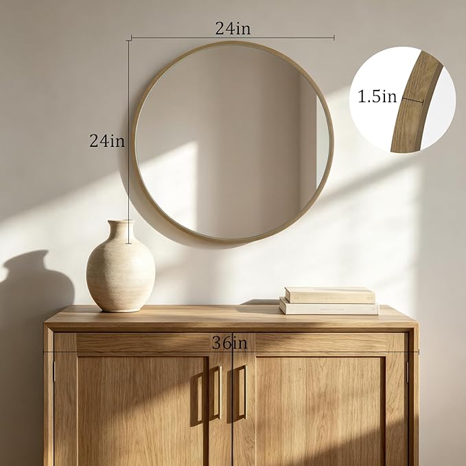 HOMECOOKIN Round Wood Mirror 24 inch Circle Mirror, Rustic Farmhouse Wooden Framed Natural Decorative Wall Decor, Vanity Wall Mirror for Bathroom, Bedroom, Entryway, Living Room (Honey)
