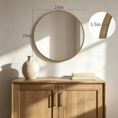 HOMECOOKIN Round Wood Mirror 24 inch Circle Mirror, Rustic Farmhouse Wooden Framed Natural Decorative Wall Decor, Vanity Wall Mirror for Bathroom, Bedroom, Entryway, Living Room (Honey)