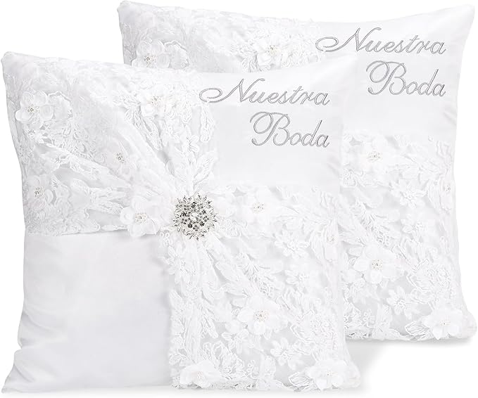 Nuestra Boda Wedding Kneeling Pillows Cover Set of 2, 16 x 16 Inch Embroidered Prayer Pillow for Kneeling, Satin and Lace White/Silver, Decoracion for Bodas