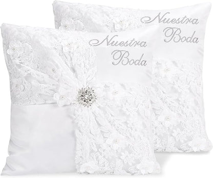 Nuestra Boda Wedding Kneeling Pillows Cover Set of 2, 16 x 16 Inch Embroidered Prayer Pillow for Kneeling, Satin and Lace White/Silver, Decoracion for Bodas