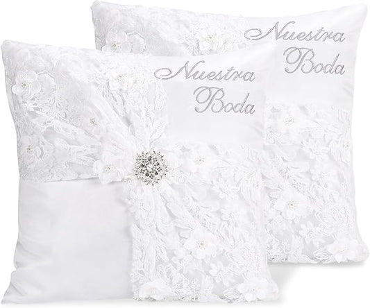 Nuestra Boda Wedding Kneeling Pillows Cover Set of 2, 16 x 16 Inch Embroidered Prayer Pillow for Kneeling, Satin and Lace White/Silver, Decoracion for Bodas