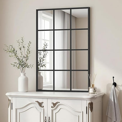 Window Pane Mirror, 28x20 Decorative Wall Mirrors, Black Metal Framed Windowpane Mirror for Farmhouse & Modern Bedroom, Living Room, Dining Room, Entryway, Fireplace Decor with Hanging or Leaning