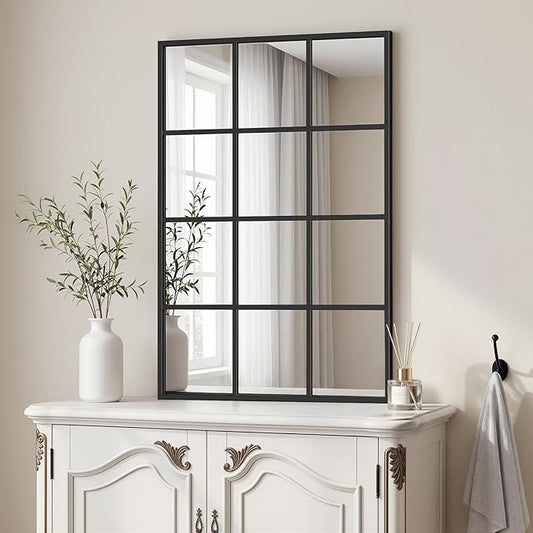 Window Pane Mirror, 28x20 Decorative Wall Mirrors, Black Metal Framed Windowpane Mirror for Farmhouse & Modern Bedroom, Living Room, Dining Room, Entryway, Fireplace Decor with Hanging or Leaning