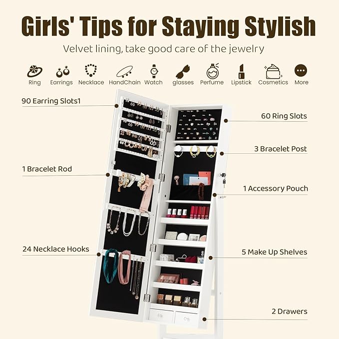 DUMOS Jewelry Armoire Cabinet with Full Length Mirror, 47.3" Jewelry Organizer, Lockable Large Capacity Jewelry Armoire with Drawers, 3 Adjustable Angles, White